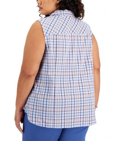 Plus Size Cotton Plaid-Print Shirt Blue Multi $30.55 Tops