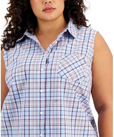 Plus Size Cotton Plaid-Print Shirt Blue Multi $30.55 Tops