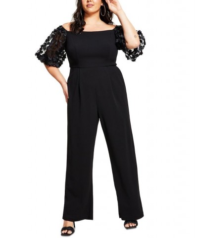 Plus Size Puffed-Sleeve Off-The-Shoulder Jumpsuit Black $87.02 Pants