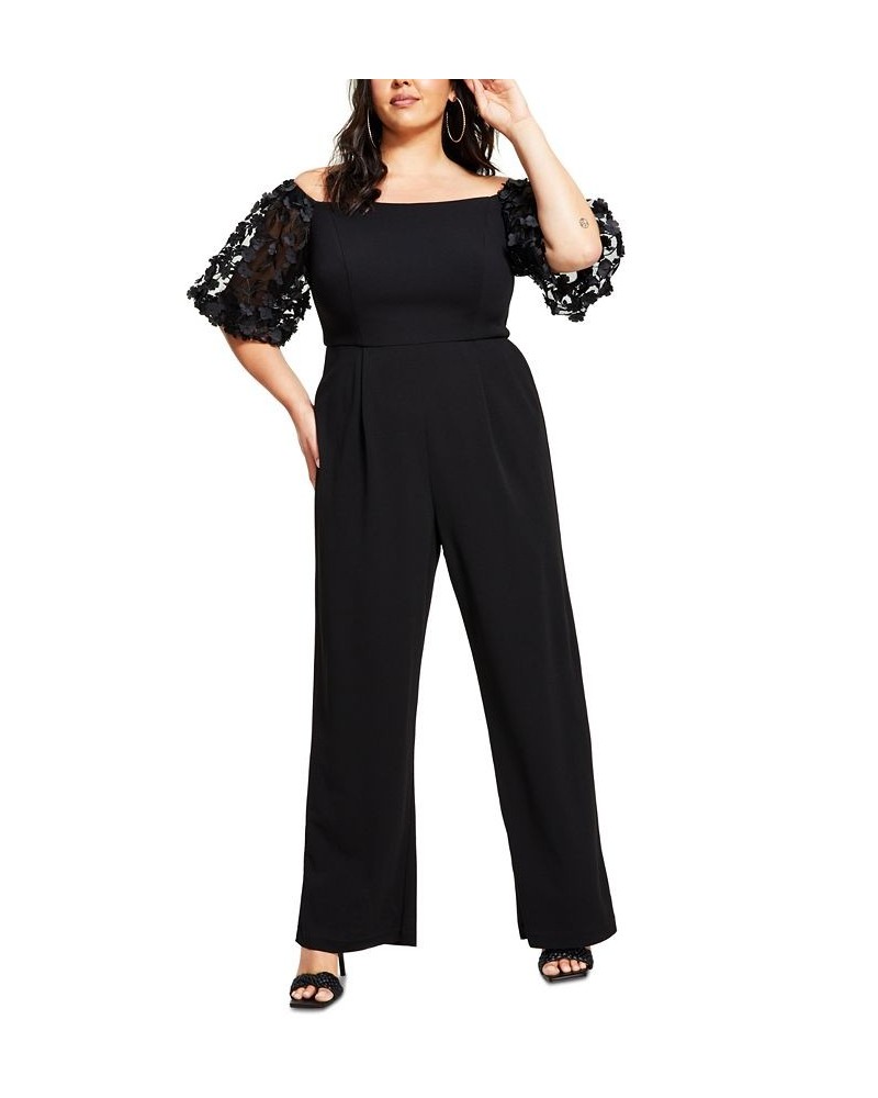 Plus Size Puffed-Sleeve Off-The-Shoulder Jumpsuit Black $87.02 Pants