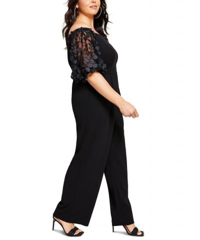 Plus Size Puffed-Sleeve Off-The-Shoulder Jumpsuit Black $87.02 Pants