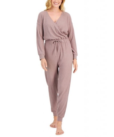 Women's Long Sleeve Tie Waist Sleep Jumpsuit Purple $18.54 Sleepwear