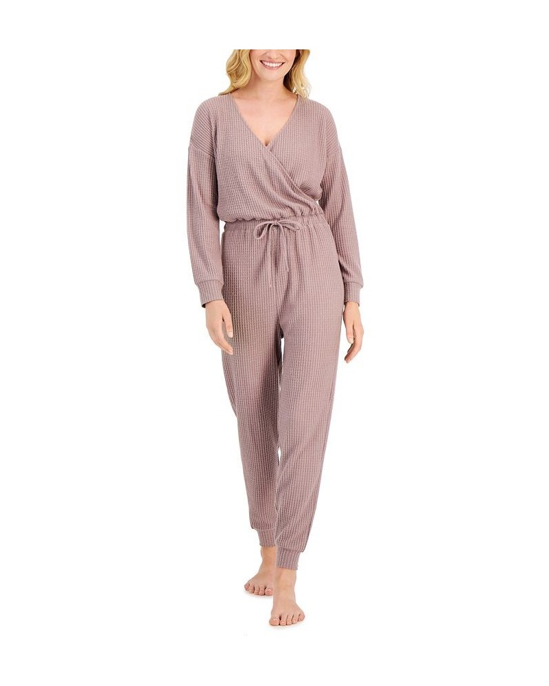 Women's Long Sleeve Tie Waist Sleep Jumpsuit Purple $18.54 Sleepwear