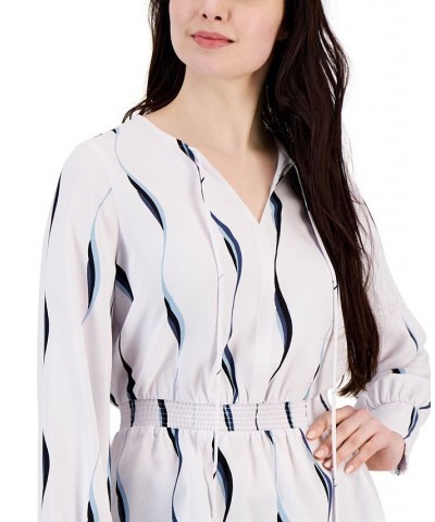 Petite Printed Smocked-Waist Top Bw Ss Sft $19.69 Tops