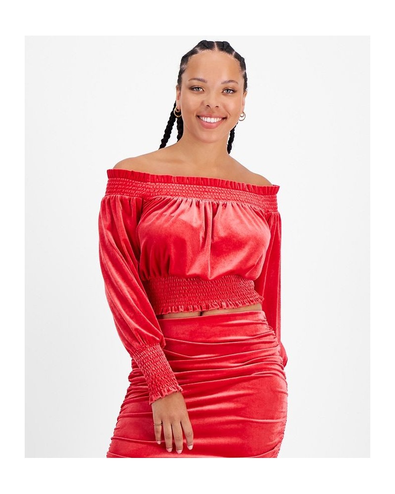 Women's Off-The-Shoulder Smocked Velvet Top Red $12.17 Tops