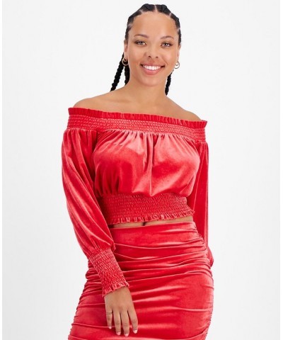 Women's Off-The-Shoulder Smocked Velvet Top Red $12.17 Tops