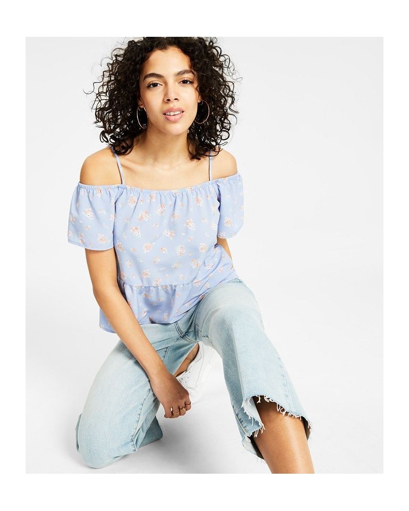 Juniors' Elasticized Short-Sleeve Cold-Shoulder Top Blue $15.00 Tops