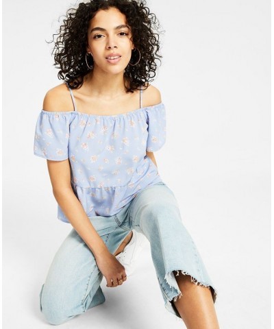 Juniors' Elasticized Short-Sleeve Cold-Shoulder Top Blue $15.00 Tops