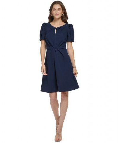 Women's Keyhole Twist-Neck Puff-Sleeve Dress Spring Navy $51.84 Dresses