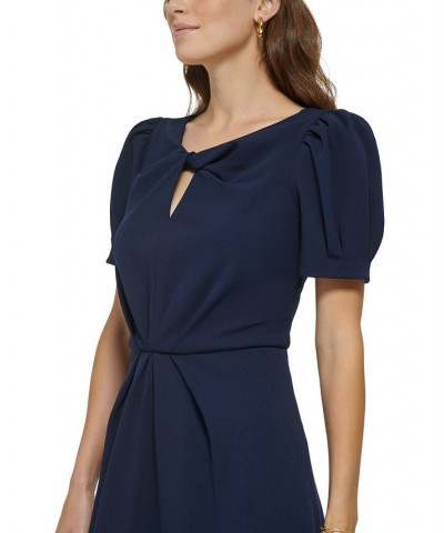 Women's Keyhole Twist-Neck Puff-Sleeve Dress Spring Navy $51.84 Dresses