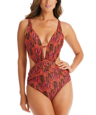 Women's Viper Snakeskin-Print Cut-Out Monokini Ruby $41.60 Swimsuits