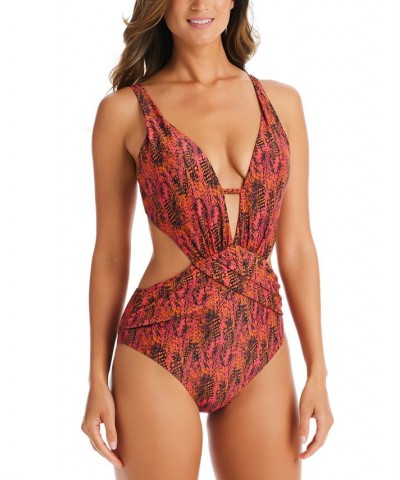 Women's Viper Snakeskin-Print Cut-Out Monokini Ruby $41.60 Swimsuits