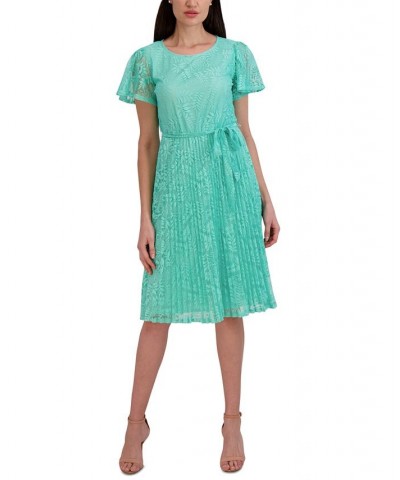 Women's Elbow-Sleeve Pleated Fit & Flare Dress Aqua $40.59 Dresses