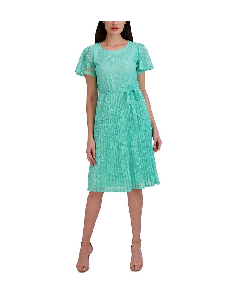 Women's Elbow-Sleeve Pleated Fit & Flare Dress Aqua $40.59 Dresses