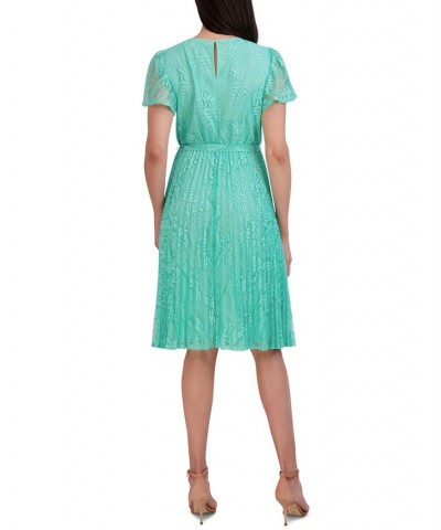 Women's Elbow-Sleeve Pleated Fit & Flare Dress Aqua $40.59 Dresses