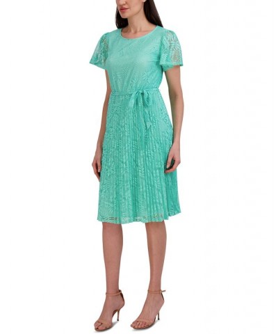 Women's Elbow-Sleeve Pleated Fit & Flare Dress Aqua $40.59 Dresses