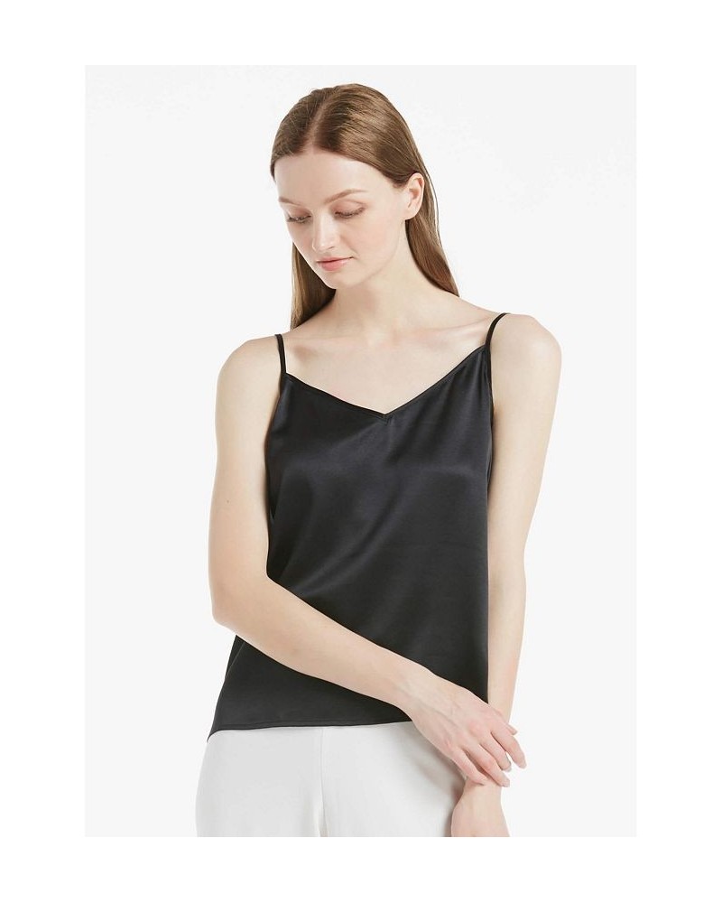 Women's V Neckline Silk Camisole with Spaghetti Straps Black $42.61 Tops