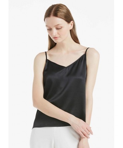 Women's V Neckline Silk Camisole with Spaghetti Straps Black $42.61 Tops