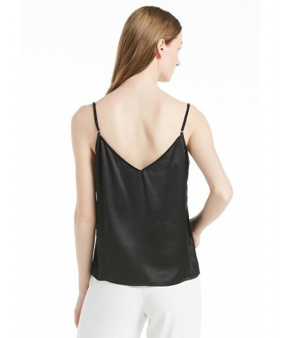 Women's V Neckline Silk Camisole with Spaghetti Straps Black $42.61 Tops