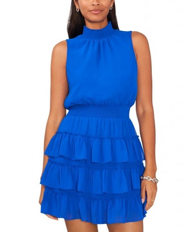 Women's Sleeveless Smocked-Waist Mock-Neck Tiered Dress Electric Glow $43.61 Dresses