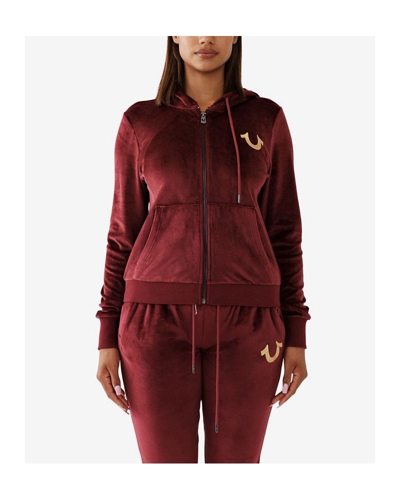 Women's Velour Buddha Zip Hoodie Red $43.96 Tops