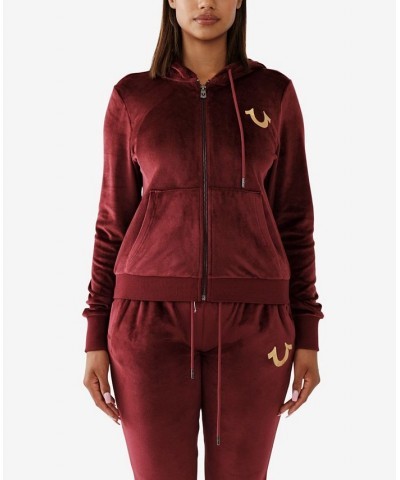 Women's Velour Buddha Zip Hoodie Red $43.96 Tops