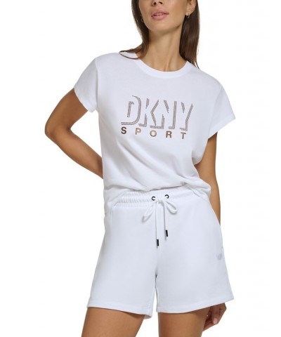 Women's Performance Cotton Crew-Neck Metallic-Logo T-Shirt White $15.17 Tops