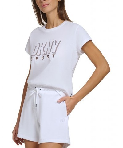 Women's Performance Cotton Crew-Neck Metallic-Logo T-Shirt White $15.17 Tops