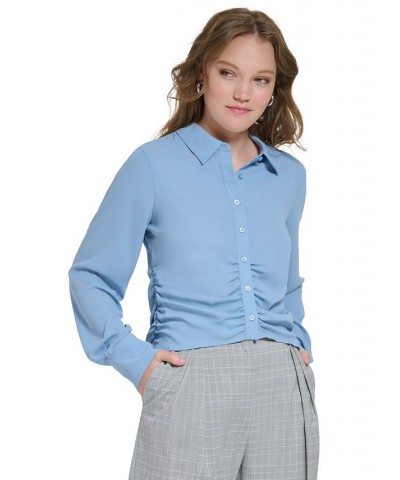 Women's Ruched-Hem Buttoned Shirt Blue $28.07 Tops