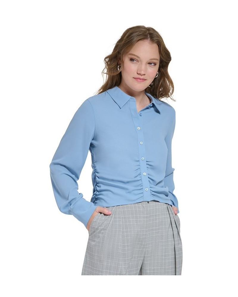 Women's Ruched-Hem Buttoned Shirt Blue $28.07 Tops