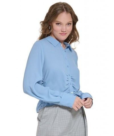 Women's Ruched-Hem Buttoned Shirt Blue $28.07 Tops