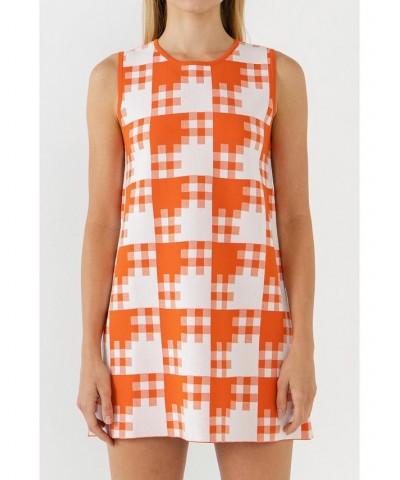 Women's Gingham Check Knitted Shift Dress Orange $57.60 Dresses
