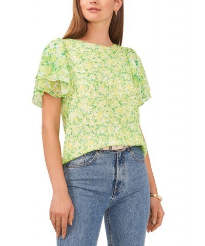 Plus Size Floral-Print Flutter-Sleeve Top Bright Emerald $45.54 Tops