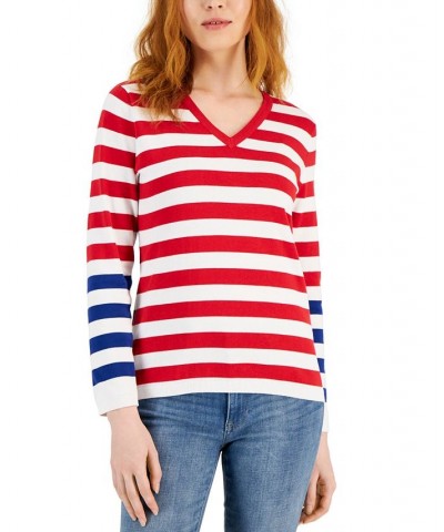 Women's Cotton V-Neck Striped Sweater Red $24.82 Sweaters