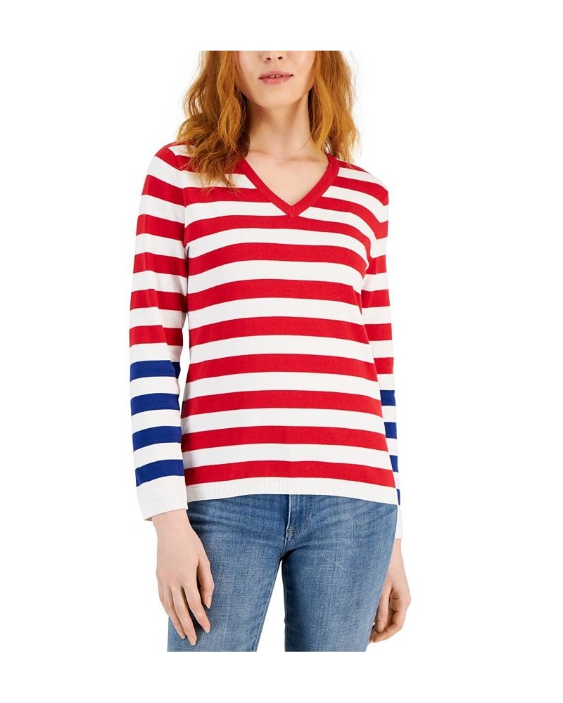 Women's Cotton V-Neck Striped Sweater Red $24.82 Sweaters