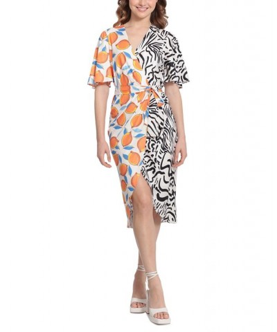 Women's Mixed-Print Belted Wrap Dress Ivory/black/lemon $75.84 Dresses