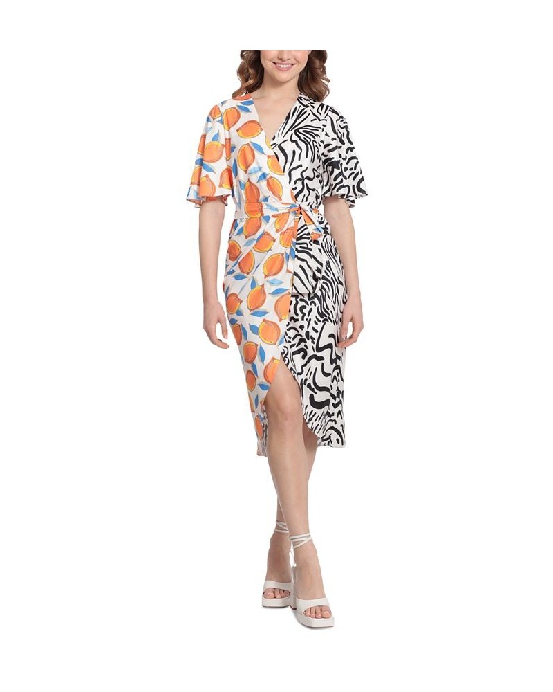 Women's Mixed-Print Belted Wrap Dress Ivory/black/lemon $75.84 Dresses