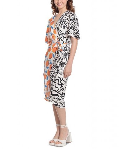 Women's Mixed-Print Belted Wrap Dress Ivory/black/lemon $75.84 Dresses