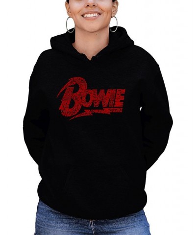 Women's David Bowie Logo Word Art Hooded Sweatshirt Black-Red $31.19 Tops