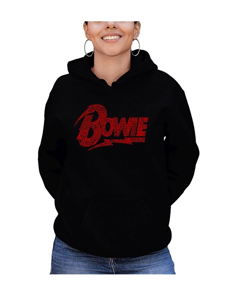 Women's David Bowie Logo Word Art Hooded Sweatshirt Black-Red $31.19 Tops