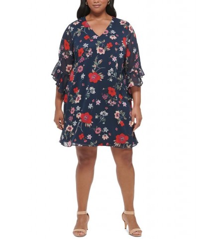Plus Size Chiffon 3/4-Sleeve Shift Dress Indigo Multi $52.82 Dresses