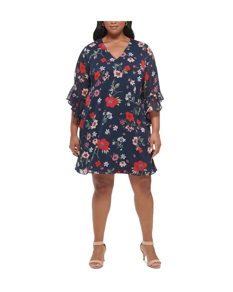 Plus Size Chiffon 3/4-Sleeve Shift Dress Indigo Multi $52.82 Dresses