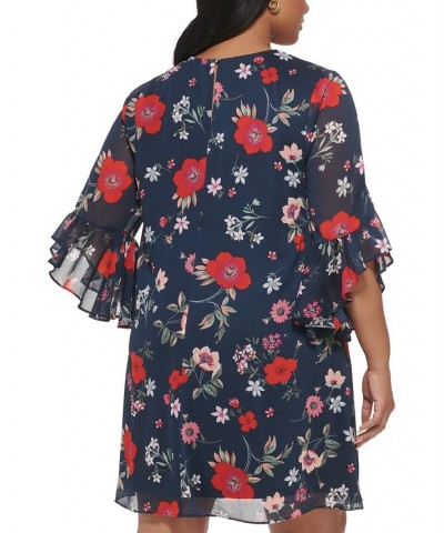 Plus Size Chiffon 3/4-Sleeve Shift Dress Indigo Multi $52.82 Dresses