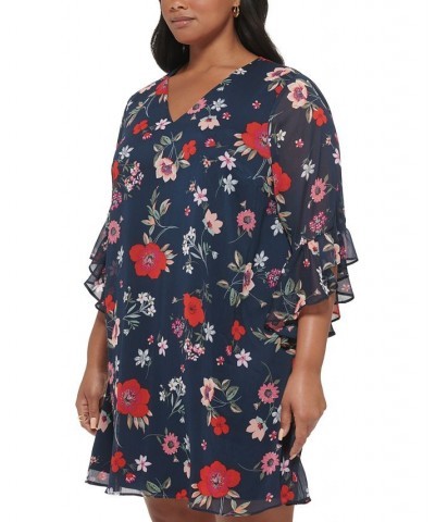 Plus Size Chiffon 3/4-Sleeve Shift Dress Indigo Multi $52.82 Dresses