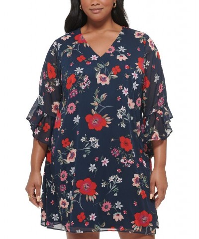 Plus Size Chiffon 3/4-Sleeve Shift Dress Indigo Multi $52.82 Dresses