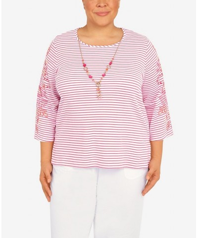 Plus Size Hot Stripe Embroidered Sleeve Top with Necklace Hot Pink $36.02 Tops