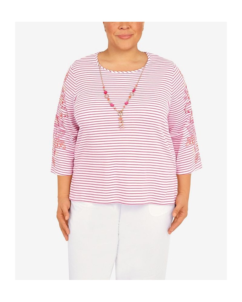 Plus Size Hot Stripe Embroidered Sleeve Top with Necklace Hot Pink $36.02 Tops