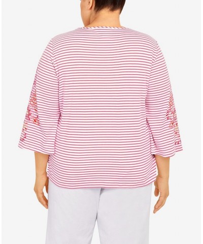 Plus Size Hot Stripe Embroidered Sleeve Top with Necklace Hot Pink $36.02 Tops