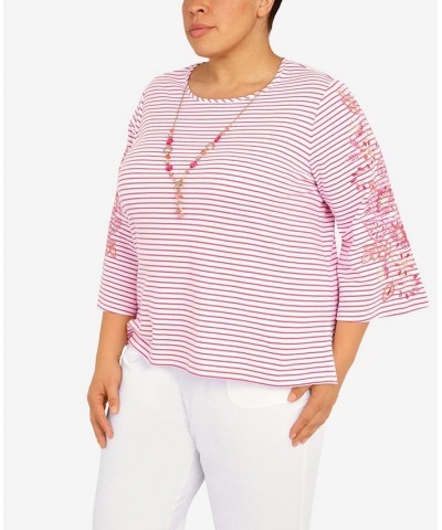 Plus Size Hot Stripe Embroidered Sleeve Top with Necklace Hot Pink $36.02 Tops