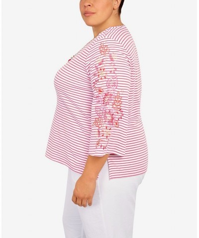 Plus Size Hot Stripe Embroidered Sleeve Top with Necklace Hot Pink $36.02 Tops